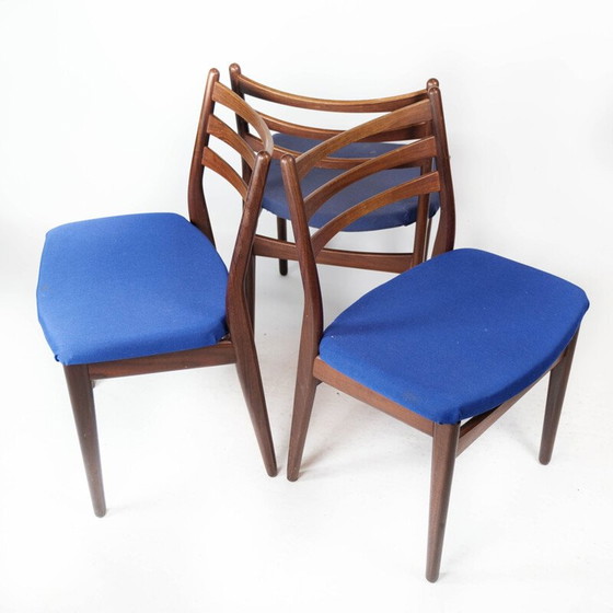 Image 1 of Set van 3 vintage stoelen van teakhout en donkerblauwe bekleding, Denemarken 1960