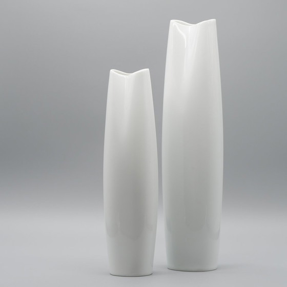 Image 1 of Xl Hutschenreuther Glanzend Asymmetrisch Porseleinen Vaas Duo 36Cm +28Cm 70S Vintage