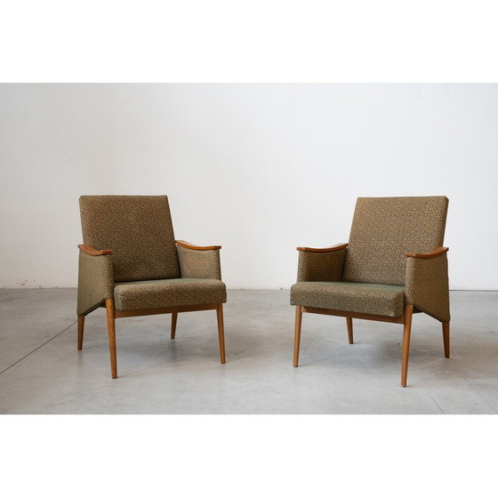 Image 1 of Paar vintage fauteuils in eikenhout en stof, Tsjecho-Slowakije 1970