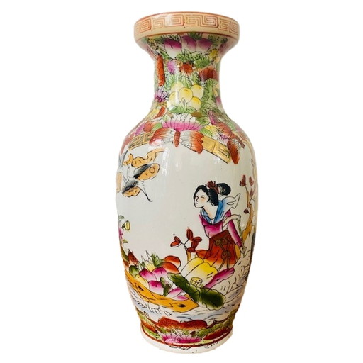 Chinese vaas bloemen geisha's handgeschilderd vintage