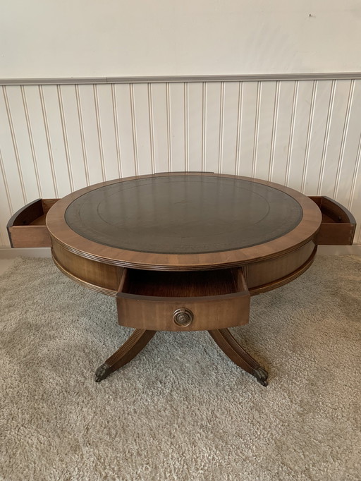 English Bevan Funnell Reprodux Leather Top Drum Table