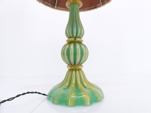 Murano turquoise lamp en roze zijden lampenkap 1940