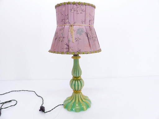 Murano turquoise lamp en roze zijden lampenkap 1940