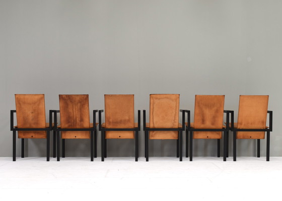 Image 1 of Unieke set van zes eetkamerstoelen in cognac leer, circa 1970-80