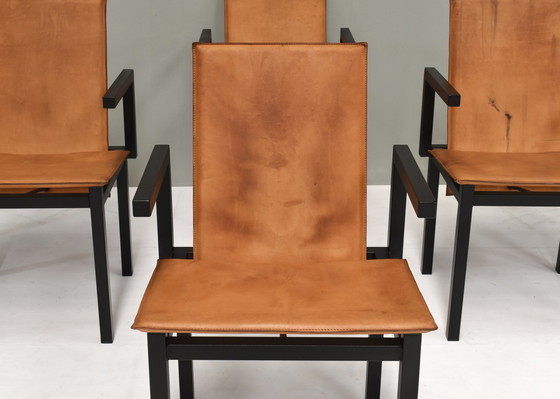 Image 1 of Unieke set van zes eetkamerstoelen in cognac leer, circa 1970-80