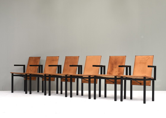 Image 1 of Unieke set van zes eetkamerstoelen in cognac leer, circa 1970-80