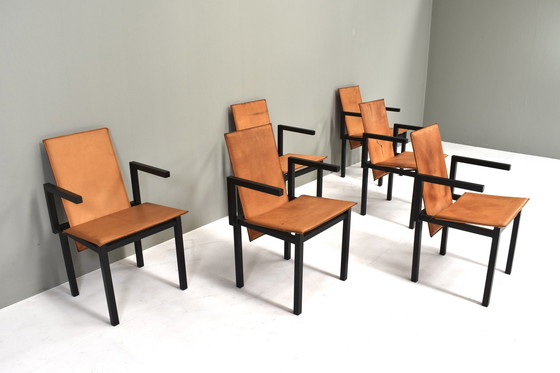 Image 1 of Unieke set van zes eetkamerstoelen in cognac leer, circa 1970-80