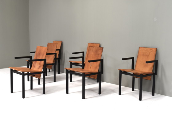 Image 1 of Unieke set van zes eetkamerstoelen in cognac leer, circa 1970-80