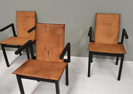 Image 1 of Unieke set van zes eetkamerstoelen in cognac leer, circa 1970-80