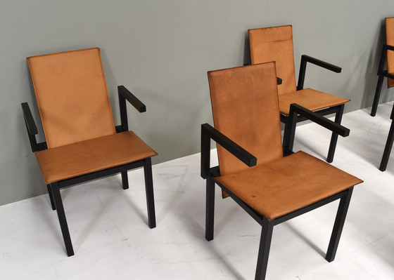 Image 1 of Unieke set van zes eetkamerstoelen in cognac leer, circa 1970-80