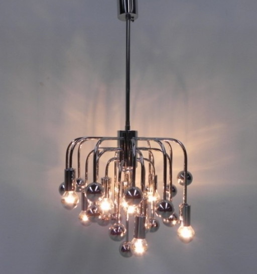 Vintage spoetniklamp met 9 lichtpunten en 16 chromen bollen