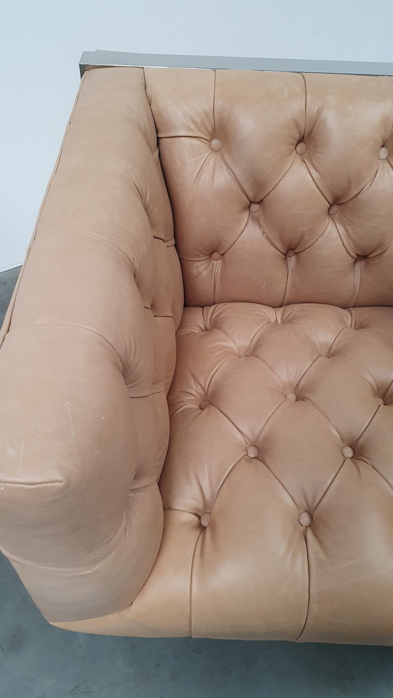 Image 1 of chesterfield vintage design fauteuil camel beige leer kubus model