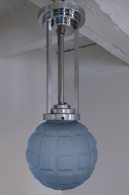 Blauwe Metalen Art Deco Glazen Hanglamp