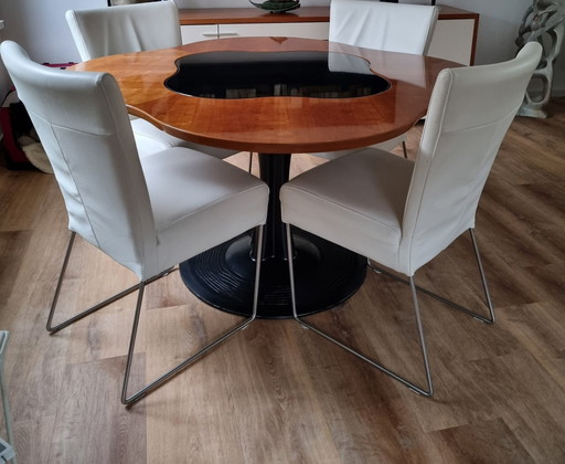 4x Lederen Eetkamerstoelen Ecru/Wit