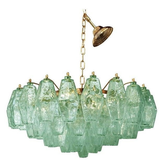 Image 1 of 21St Eeuw Poliedro Murano Glas Groene Kroonluchter Met Goud Metalen Frame - Een Paar