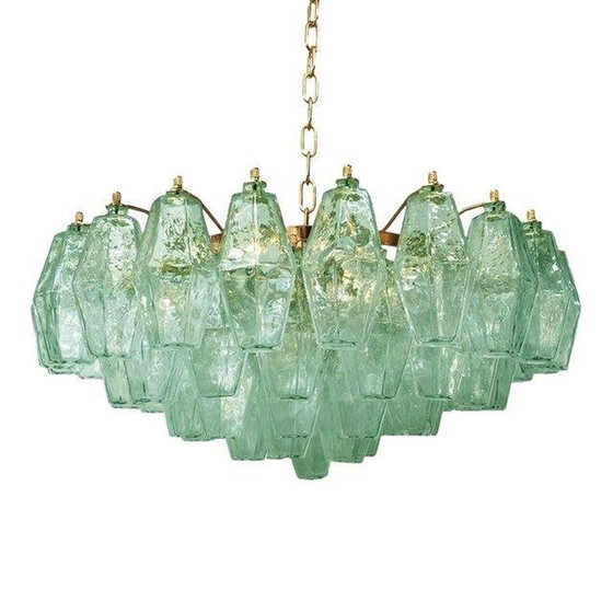 Image 1 of 21St Eeuw Poliedro Murano Glas Groene Kroonluchter Met Goud Metalen Frame - Een Paar