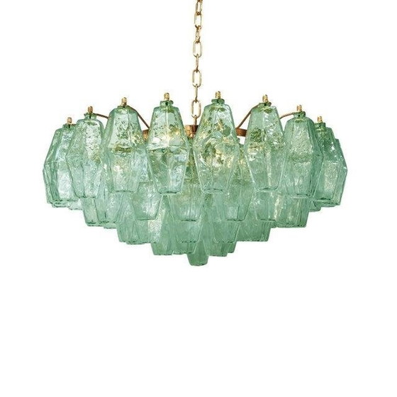 Image 1 of 21St Eeuw Poliedro Murano Glas Groene Kroonluchter Met Goud Metalen Frame - Een Paar