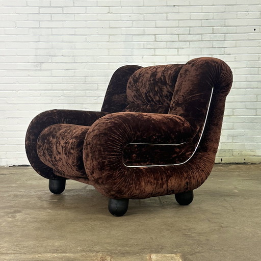 Vintage Italiaanse Fauteuil In Donkerbruin Velours