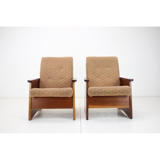 Image 1 of Paar vintage houten en stoffen fauteuils, Tsjecho-Slowakije 1970