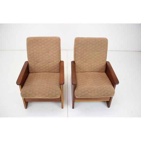 Image 1 of Paar vintage houten en stoffen fauteuils, Tsjecho-Slowakije 1970