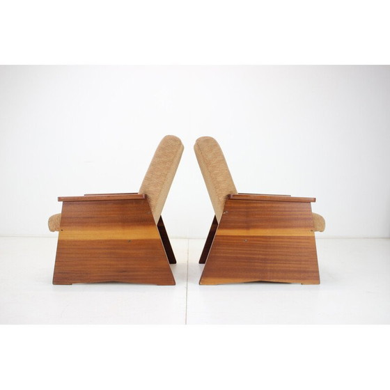 Image 1 of Paar vintage houten en stoffen fauteuils, Tsjecho-Slowakije 1970