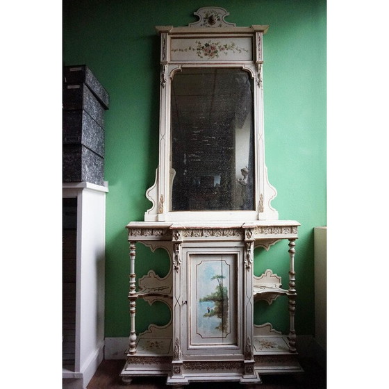 Image 1 of Italiaanse vintage handbeschilderde consoletafel met spiegel in florale beschildering, jaren 1920