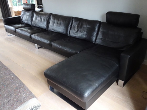 Image 1 of Erpo Zwart Leren Bank Met Chaise Longe