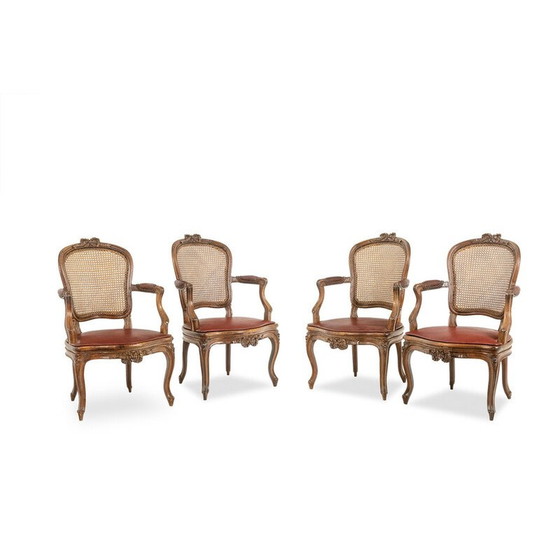 Image 1 of Paar vintage "cabriolet" fauteuils in walnoot en rietwerk, Frankrijk 1760