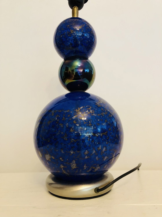 Image 1 of Blauw Goud Vintage Geblazen Glazen Tafellamp 1980/1990