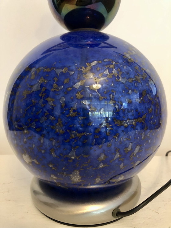 Image 1 of Blauw Goud Vintage Geblazen Glazen Tafellamp 1980/1990