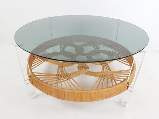 Vintage coffee table | salontafel rookglas rotan