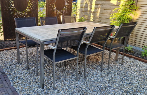 6x Gloster tuinstoelen en 1x Gloster tuintafel