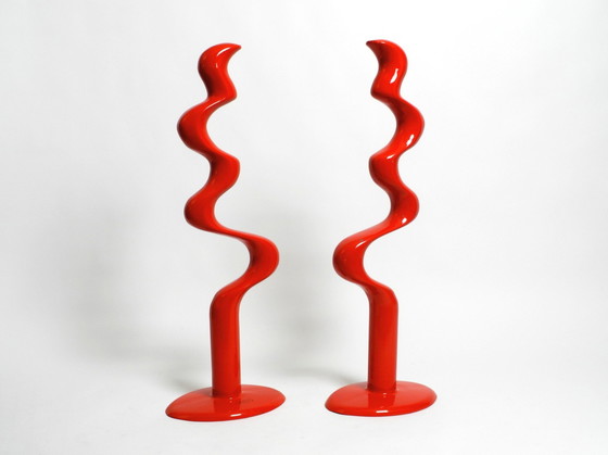 Image 1 of Twee grote gelimiteerde abstracte metalen vloerbeelden in rood van Tony Almén en Peter Gest voor Ikea 1990