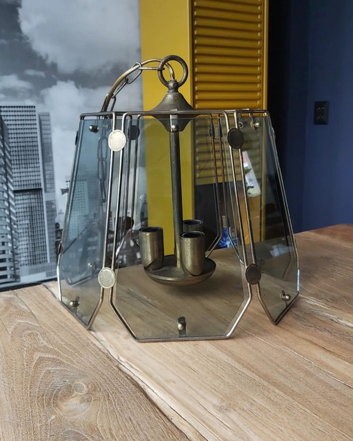 Vintage messing hanglamp met rookglas