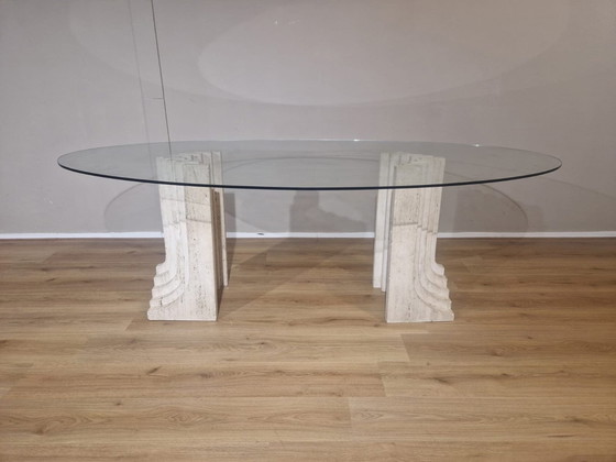 Image 1 of Travertine Eettafel - Vintage - Glas - Design - 70'S 