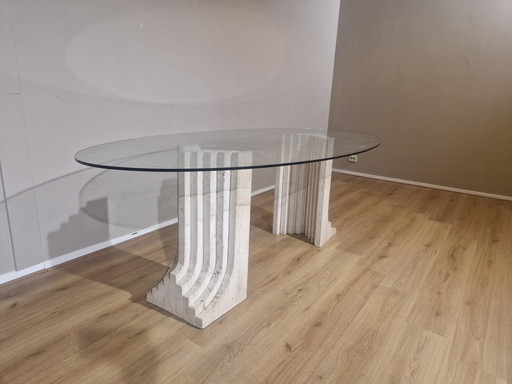 Travertine Eettafel - Vintage - Glas - Design - 70'S 