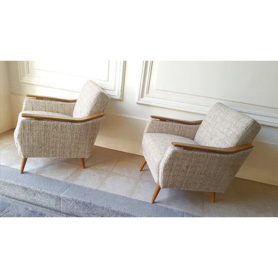 Image 1 of Mid century fauteuil in hout en grijze stof - jaren 1950