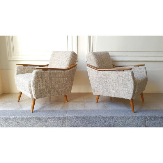 Image 1 of Mid century fauteuil in hout en grijze stof - jaren 1950