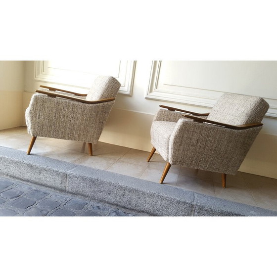Image 1 of Mid century fauteuil in hout en grijze stof - jaren 1950
