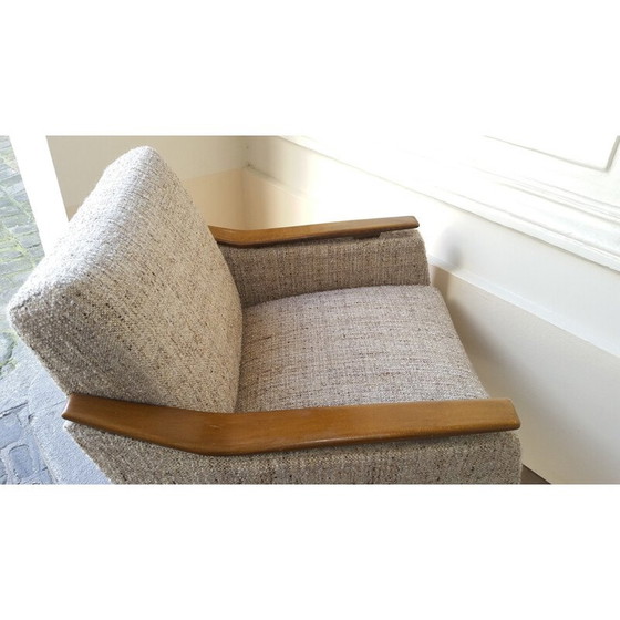 Image 1 of Mid century fauteuil in hout en grijze stof - jaren 1950