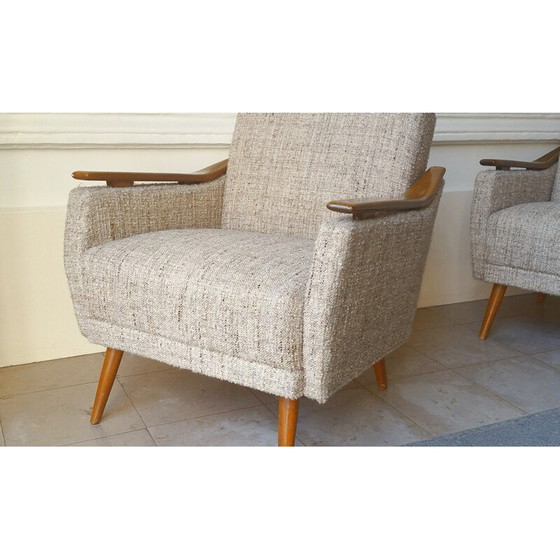 Image 1 of Mid century fauteuil in hout en grijze stof - jaren 1950