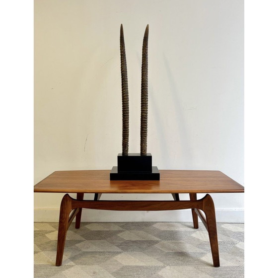 Image 1 of Vintage sokkel met 2 oryx hoorns in ebbenhout