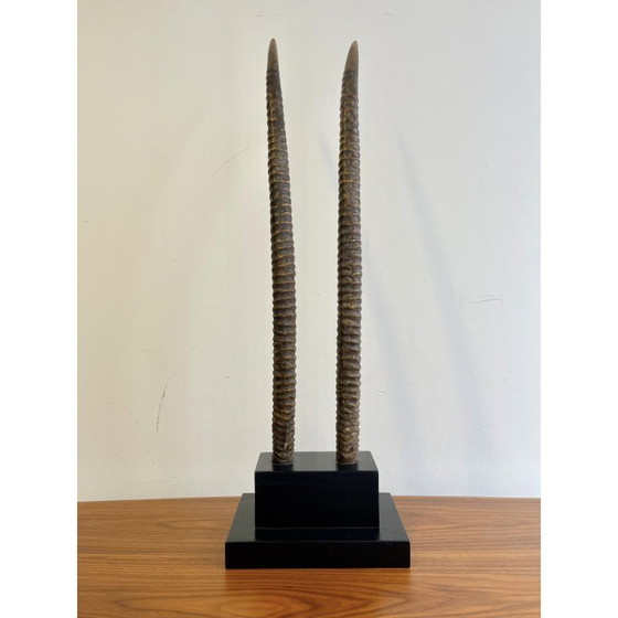 Image 1 of Vintage sokkel met 2 oryx hoorns in ebbenhout