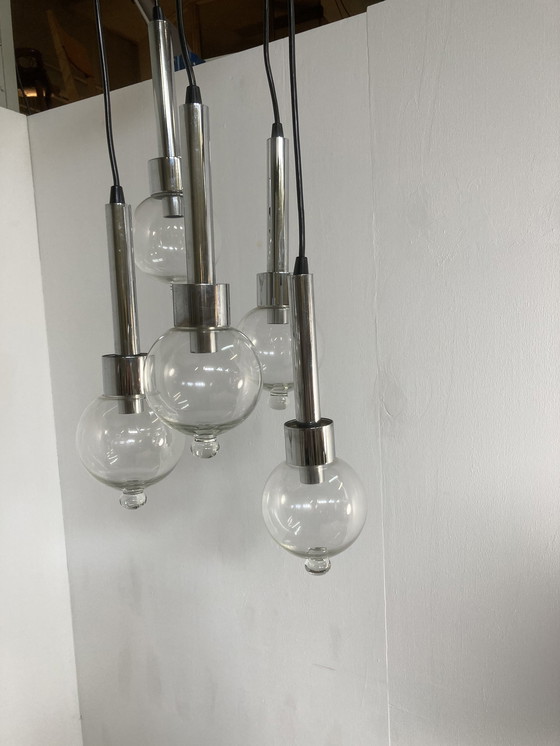 Image 1 of Vintage Cascade Chroom met Druppel Glazen Kappen Hanglamp