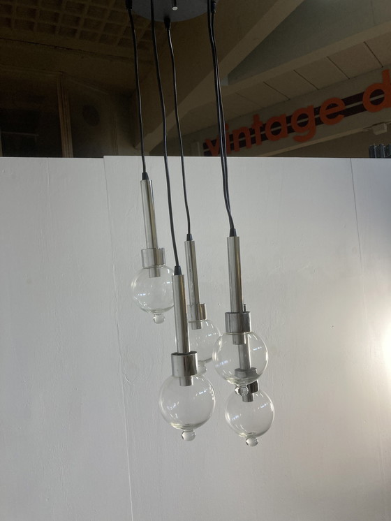 Image 1 of Vintage Cascade Chroom met Druppel Glazen Kappen Hanglamp