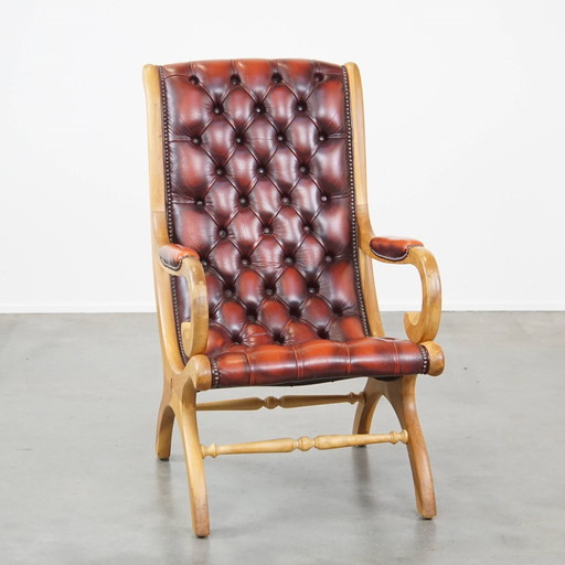 Rode Rundleren Chesterfield Fauteuil Gecombineerd Met Hout