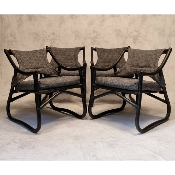 Image 1 of Set van 4 vintage Franse fauteuils in gelakt bamboe, 1980