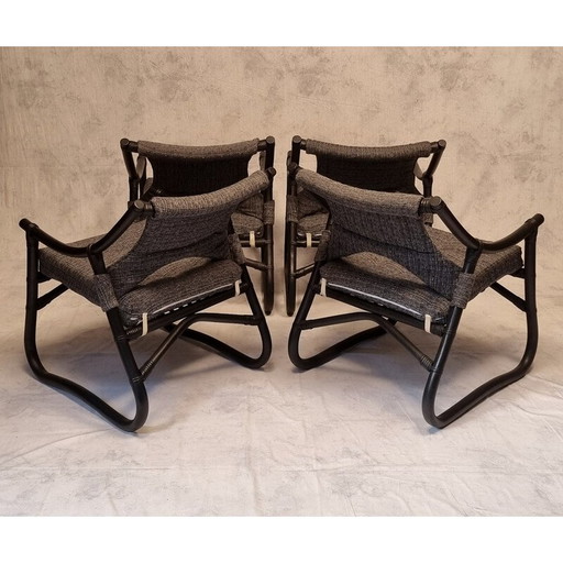 Set van 4 vintage Franse fauteuils in gelakt bamboe, 1980