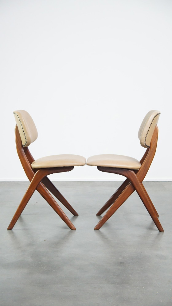 Image 1 of 4 X Teakhouten Jaren ’60 Vintage Design Scissor Chair Van Louis Van Teeffelen