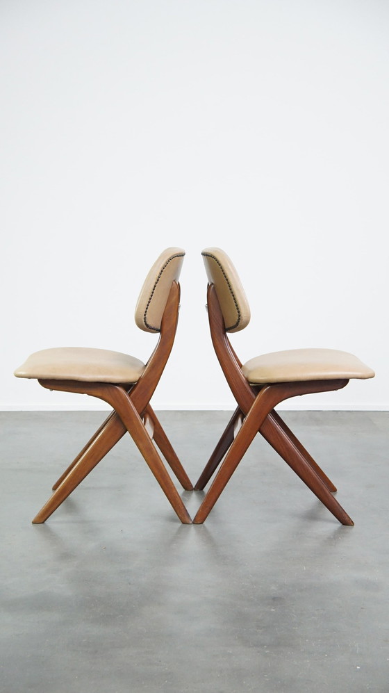 Image 1 of 4 X Teakhouten Jaren ’60 Vintage Design Scissor Chair Van Louis Van Teeffelen